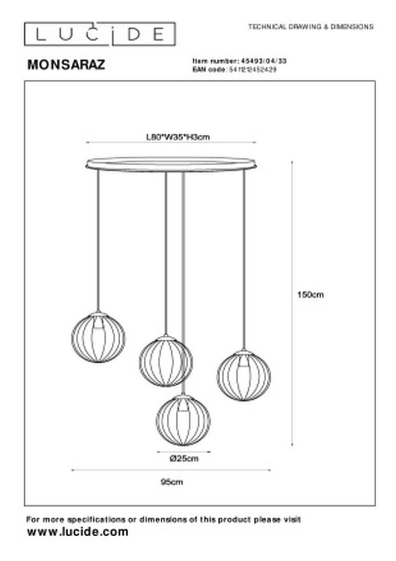 Lucide MONSARAZ - Závesné svietidlo - 4xE27 - Zelené